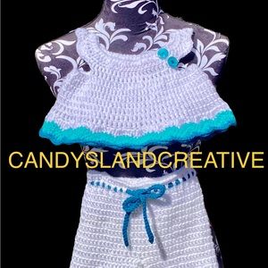 Handmade crochet white and teal 6-9 month top and pants with drawstring waist